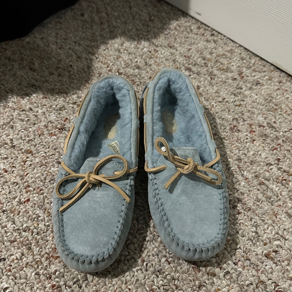 UGG Blue Suede Moccasins with Tan Laces Size  5